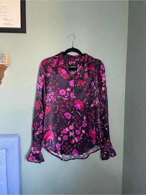 Sabina Musayev Black Pink Floral Button Down Blouse Top Size XS Magenta Black